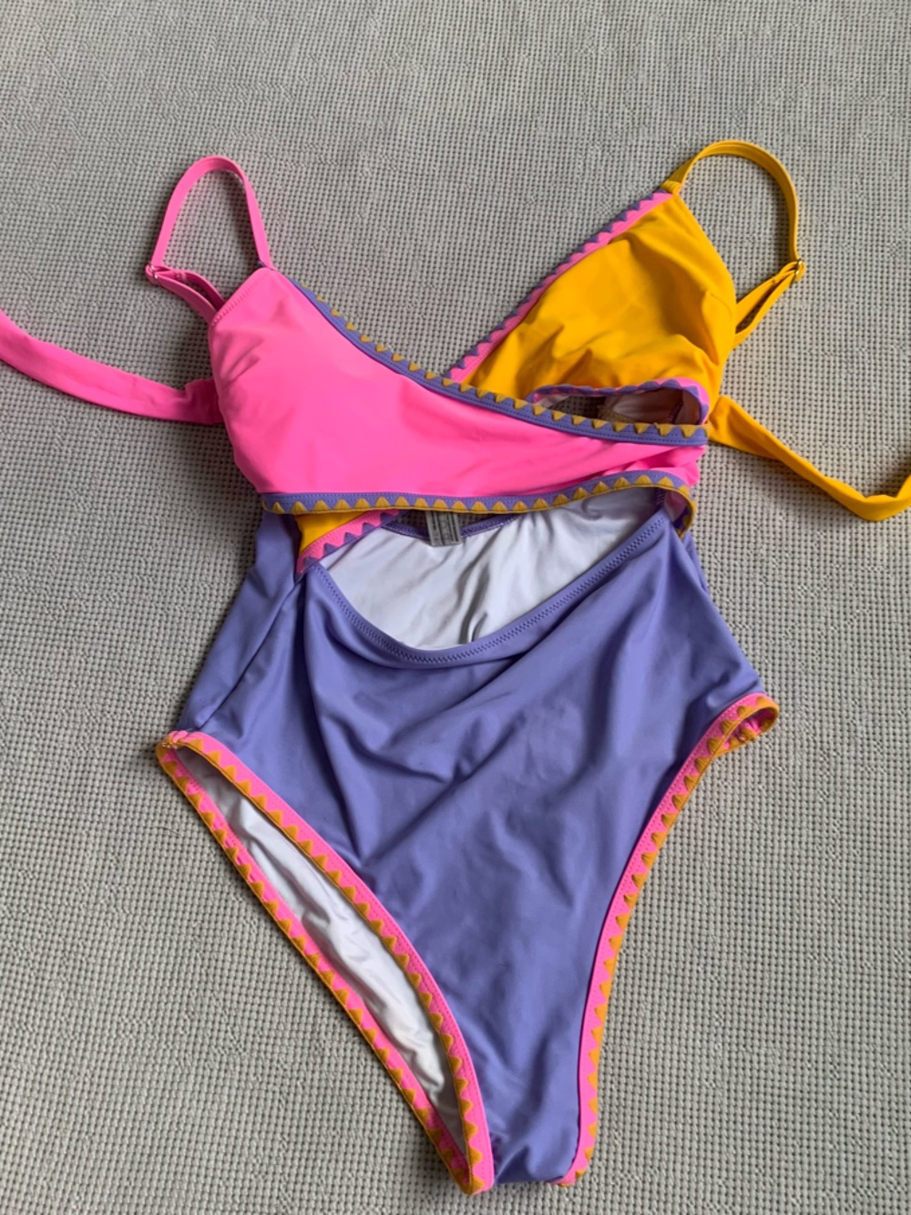 Popvil Colorblock Pink, Purple & Yellow One-Piece Swimsuit Small Cute CutOut
